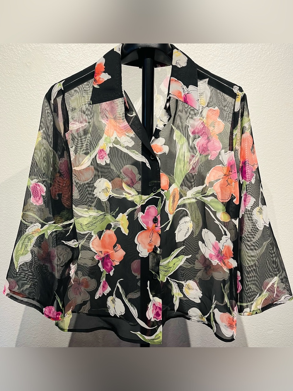Vintage Notations Black Sheer Floral Button-Front Blouse - Size S (Women’s)